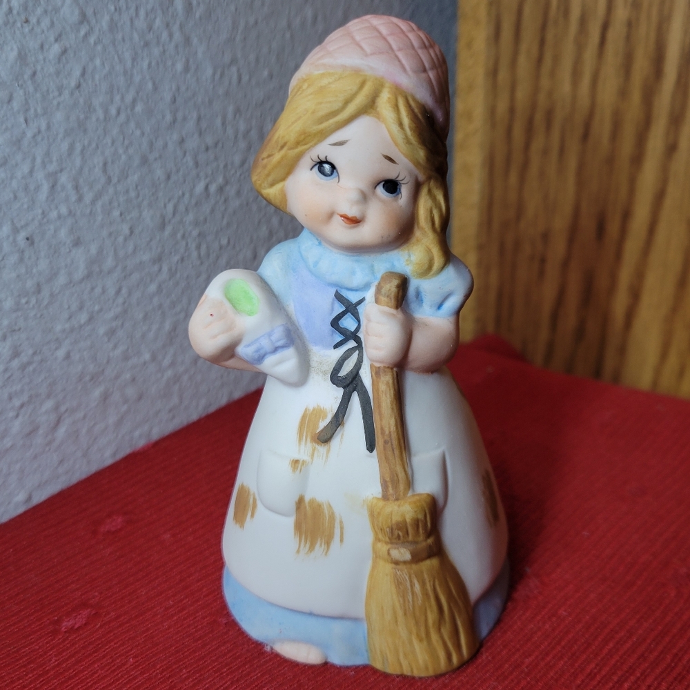 Vtg Figurine Statue Girl Broom Shoe Blonde Hair Dress Cleaning Up Mess Porcelain